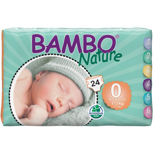 6x Bambo Nature Premium Baby Diapers, Size 0, 24 Count 3x Bambo Nature Wet Wipes x80