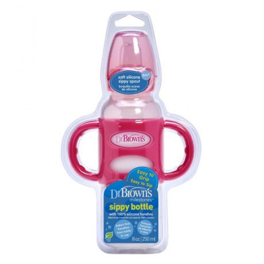 Dr. Brown's Sippy Spout Baby Bottle with 100% Silicone Handle, Pink, 250 ml