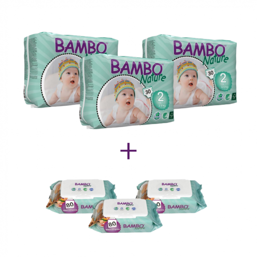 3x Bambo Nature Size 2 (3-6Kg), 30 Count + 3x Bambo Nature Wet Wipes 80 count