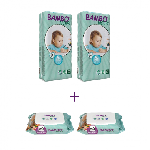 Bambo Nature Size 5 Big Package, 2 Diaper Packs + 2 Wipes