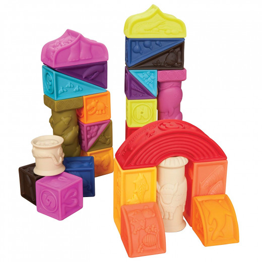 B. toys – Elemenosqueeze Baby Blocks – 26 Stacking Blocks with Shapes Numbers, Animals & Textures