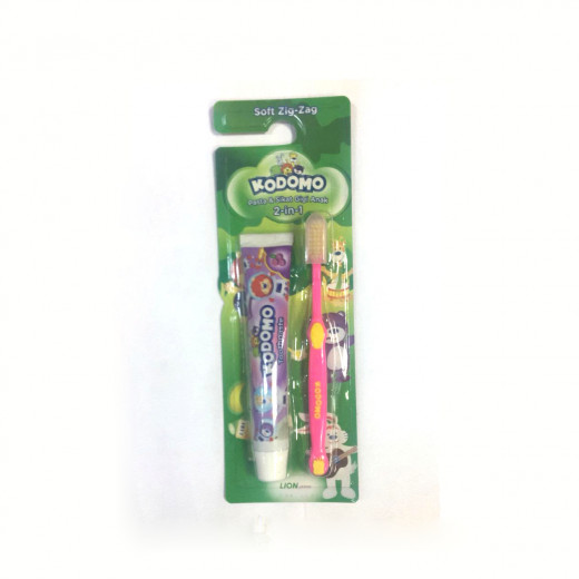 Kodomo 2 in 1 Zig Zag Brush and Toothpaste, Pink