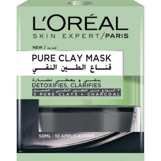 L'Oreal Paris, Pure Clay Black Mask With Charcoal, Detoxifies & Clarifies, 50 Ml