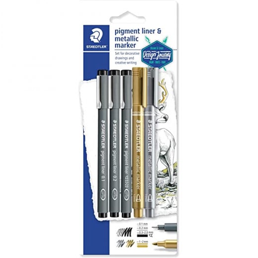 Staedtler Pigment Liner With Metallic Markers Assorted on Blister Card, Pack of 5