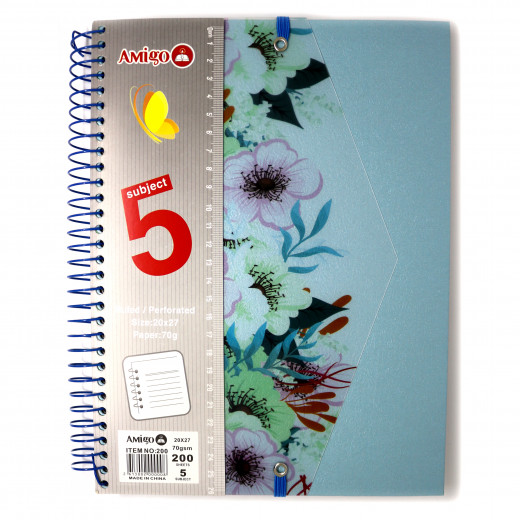 Amigo flower Wire Notebook, Blue, 200 pages, 5 Subjects