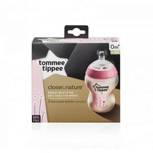 Tommee Tippee Closer to Nature Baby Bottle Decorated Pink, X2 Bottles, 260 ml
