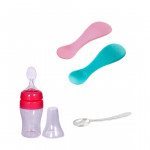 Farlin Package ( Farlin Silicone Spoon + Stainless Steel Training Spoon - Silver + Farlin 150 Wide Neck Transbottle Silicone Feeder (Pink) )