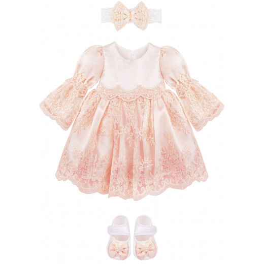 طقم فستان الأميرة الصغيرة لعمر 0-3 أشهر ، لون خوخي ، 4 قطع
