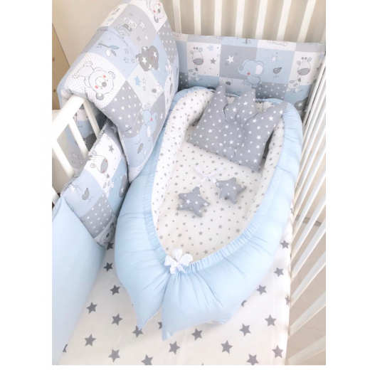 طقم سرير أطفال حديثي الولادة من أنيت ، أزرق وأبيض مع نجوم رمادية