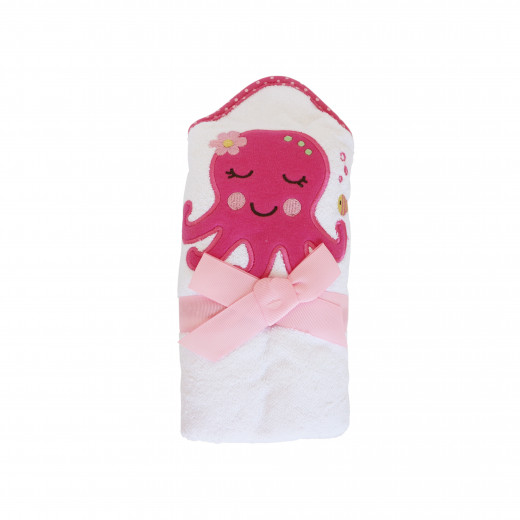 White Hooded Towel with Pink Crap Design