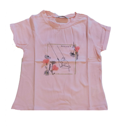 Baby Pink Short Sleeves Girls T-shirt with Nature Lover Design, 12 Months
