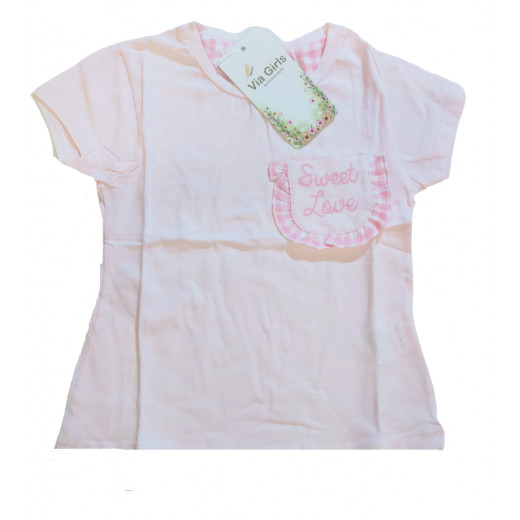 Baby Pink Short Sleeves Girls T-shirt with Sweet Love Design, 9 Months