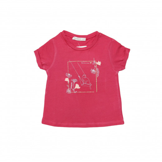 Fuchsia Short Sleeves Girls T-shirt with Nature Lover Design, 12 Months