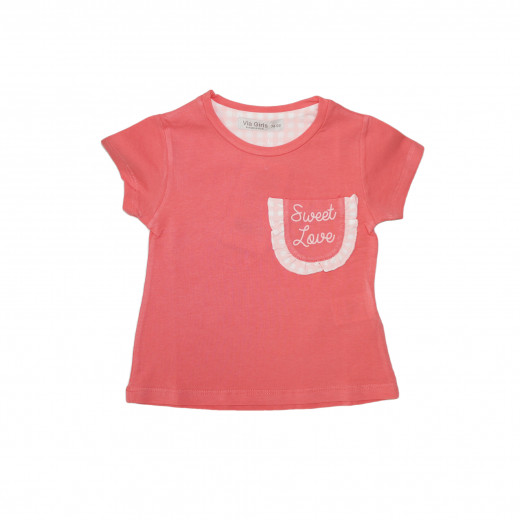 Peach Short Sleeves Girls T-shirt with Sweet Love Design, 24 Months