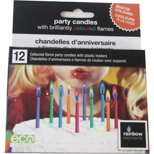 Rainbow Moment Colour Flame Party Candles With Holders  – 12-pack