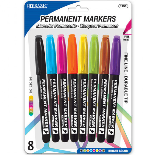 Bazic Bright Colors Fine Tip Permanent Markers With Pocket Clip (8/Pack)