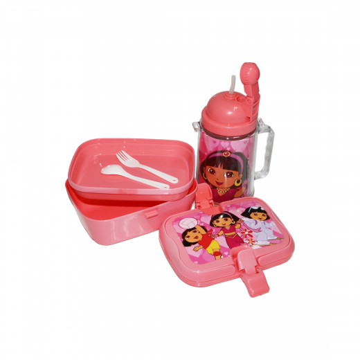 Set of Lunch Box and Water Bottle, Pink, Dora