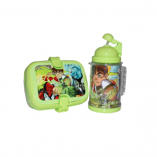 Set Of Lunch Box & Water Bottle, Green Color, Ben 10 Design