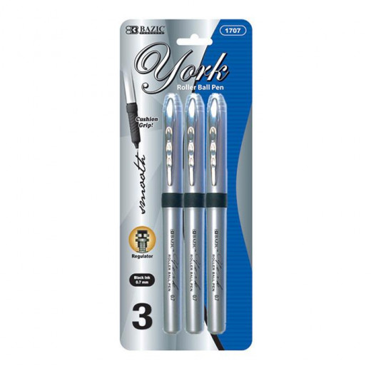 Bazic York Black Rollerball Pen With Grip (3/Pack)