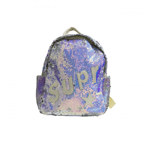 Little Fashionable Glittery Bag Pack For Girls , Silver & Violet, 30*24 cm