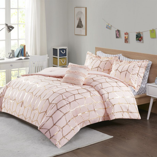 Nova Home Raina Gold Metallic Print Comforter Set, Pink Color, Twin Size