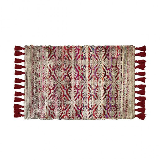 Nova home render gold metallic print woven rug with tassels, poly cotton, red color, 60*90 cm