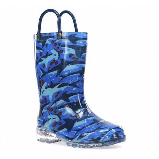 Western Chief Kids Shark Chase Lighted Rain Boot, Blue Color, Size 30