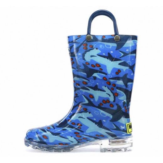Western Chief Kids Shark Chase Lighted Rain Boot, Blue Color, Size 31
