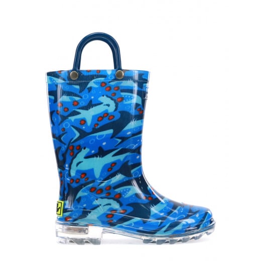 Western Chief Kids Shark Chase Lighted Rain Boot, Blue Color, Size 28