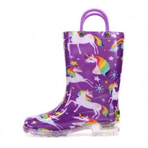 Western Chief Kids Rainbow Unicorn Design Rain Boot, Purple Color, Size 32