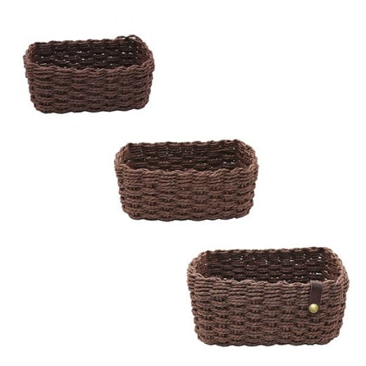 Weva stack faux rattan storage basket set, dark brown, 3 pieces