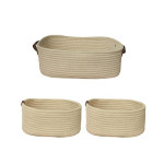 Weva story cotton storage basket with leather handle set , 100% cotton ,3 pcs , ivory