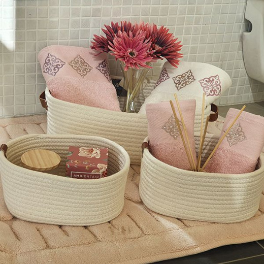 Weva story cotton storage basket with leather handle set , 100% cotton ,3 pcs , ivory