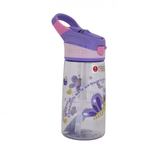 زجاجة ماء رياضية مع غطاء مصاصة ومقبض، بتصميم الفراشة, 400 مل