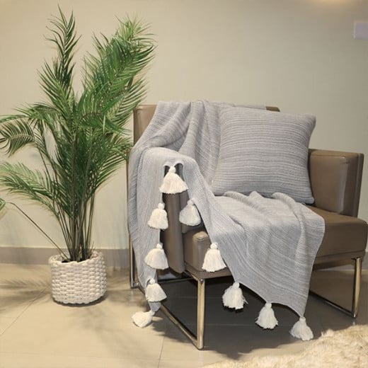 Nova Home Marled Hand Knitted Throw With Tassels, Grey And Natural Color