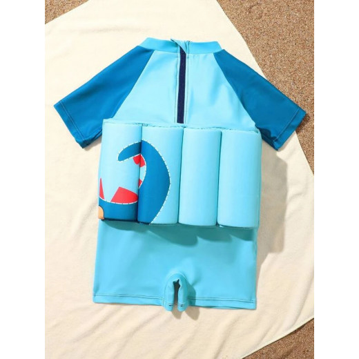 ملابس سباحة للطوف على الماء للأولاد, قطعة واحدة، بتصميم الديناصور, باللون الأزرق