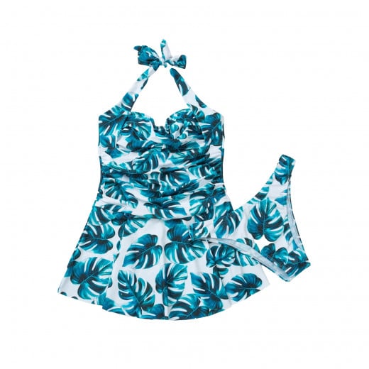 Tropical Print Ruffle Hem Halter Bikini Swimsuit, Blue Color, 2 Pieces