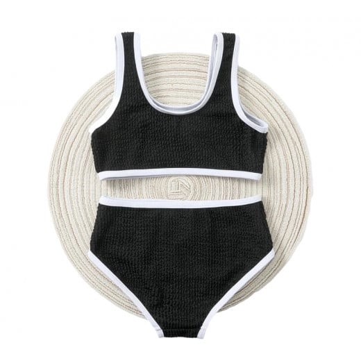 Baby Contrast Binding Textured Bikini Swimsuit, Black and White Color