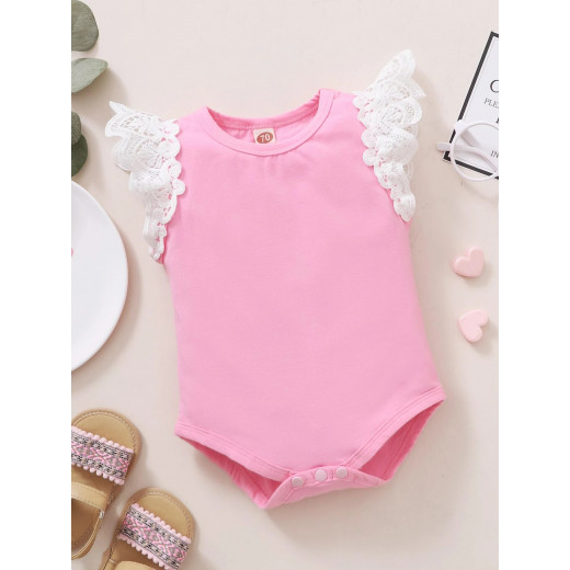 Baby Guipure Lace Trim Bodysuit, Pink Color