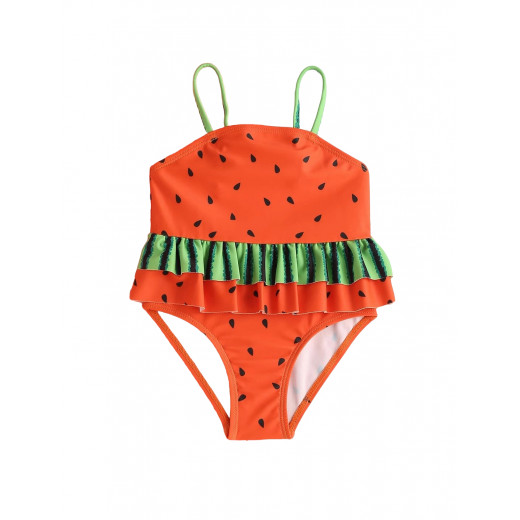 ملابس سباحة من قطعة واحدة للبنات, بتصميم مكشكش شكل البطيخ, باللون البرتقالي