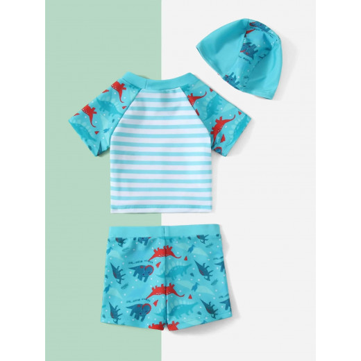 ملابس سباحة للأولاد برسومات كرتونية مخططة + قبعة