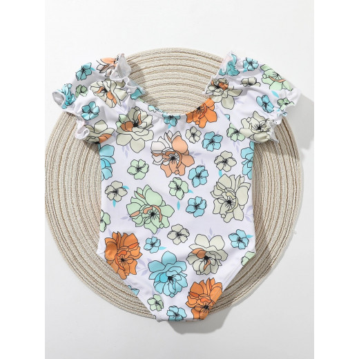 Baby Girl One Piece Swimsuit Random Floral Design, Puff Sleeve