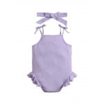 Baby Ruffle Bodysuit  Trim Tie Shoulder With Headband, Purple Color