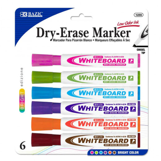 Bazic Magnetic Dry Erase Markers, Bright Color, 6 Pieces