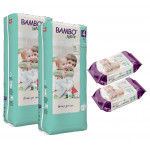 Bambo Nature Diapers Size 4 (7-14 Kg), 48 Diapers, 2 Packs + Wet Wipes, 80 Wipe, 2 Packs