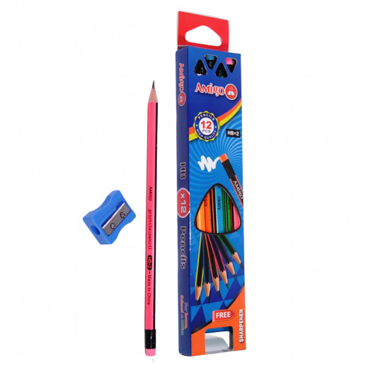 Amigo HB Pencils Set Assorted Color + 1 Free Sharpener, 12 pieces