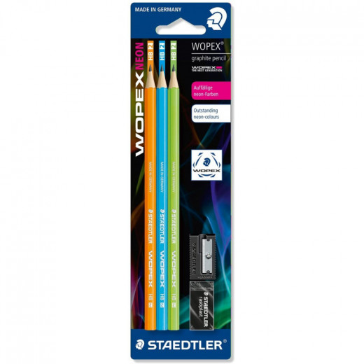 Staedtler Wopex  Neon HB Premium Quality Pencil Set Pack of 3 with Sharpener and Eraser
