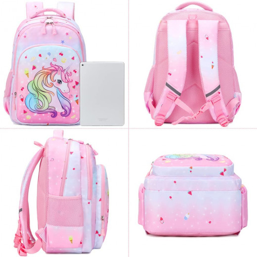 School Pink Rainbow Backpack, Unicorn Design, 3 Pieces
