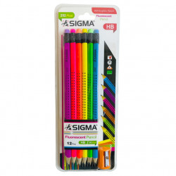 أقلام رصاص بألوان مشعة + مبراة, 12 قطعة من سيجما