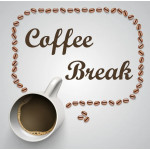 كوب قهوة, بتصميم كلمة كوفي بريك, باللون الأبيض من دمية